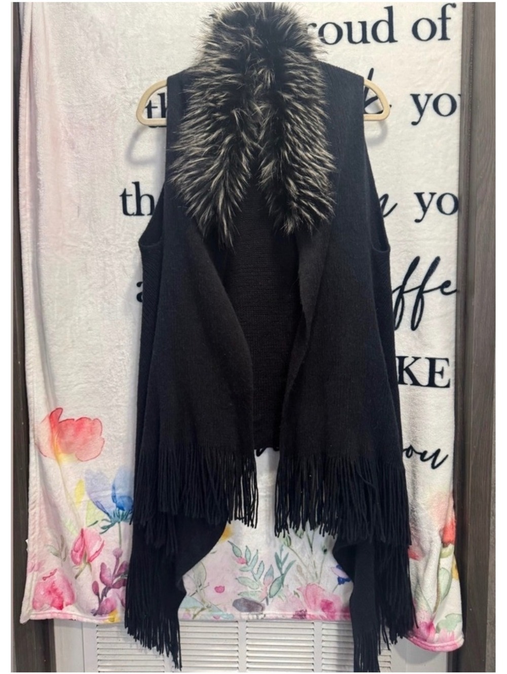 Faux Fur Sweater Vest with Fringe Black One Size by Pinklicious
